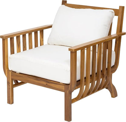 Christopher Knight Home Acacia Wood Outdoor Patio Club Chair, Mid Century Modern Lounge Chair with Armrests, Cushions & Back Pillow, Deep Seating Accent Chairs for Porch Balcony Garden, Natural+Beige