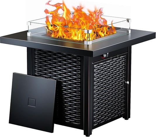 Ciays Propane Fire Pit, 28″ Outdoor Gas Fire Pit, 50,000 BTU Steel Fire Table with Glass Wind Guard, Lid & Lava Rock, Add Warmth and Ambience to Gatherings On Patio Deck Garden (2 Packages)