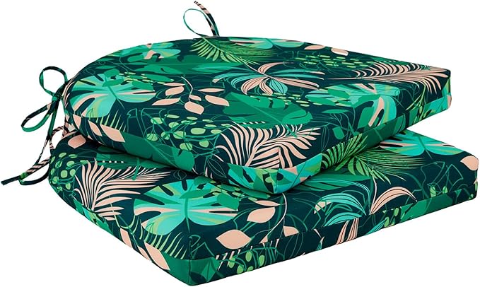 Cozyide Outdoor Chair Cushions, Waterproof Patio Seat Cushions with Adjustable Straps, Round Corner Patio Chair Cushions for Garden, Green Leaf, 17x16x2 Inch (Pack of 2)