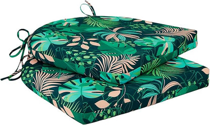 Cozyide Outdoor Chair Cushions, Waterproof Patio Seat Cushions with Adjustable Straps, Round Corner Patio Chair Cushions for Garden, Green Leaf, 17x16x2 Inch (Pack of 2)