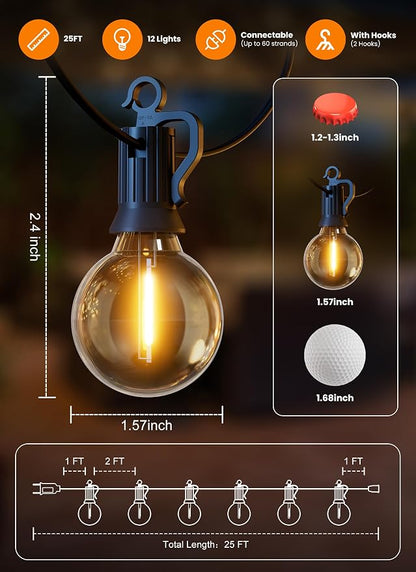25FT 13 LED Outdoor String Lights, G40 Shatterproof String Lights, IP65 Waterproof Connectable Outside Patio Light for Backyard Porch Balcony Garden Decor Christmas Camping Gazebo