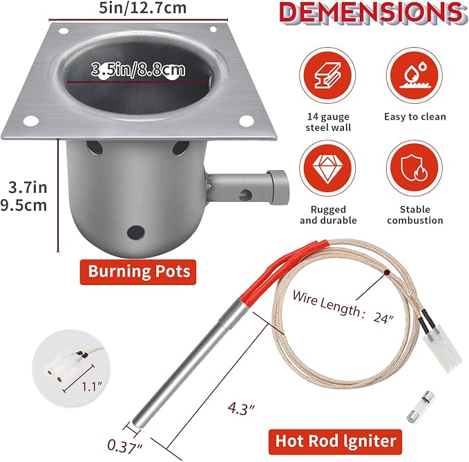 7-Hole Firepot & Hot Rod Igniter Kit Compatible with Traeger, Pit Boss, Camp Chef, Z Grills – Heavy Duty 14-Gauge Steel Burn Pot Assembly Replaces KIT0396 74254 (Includes Screws & Fuse)