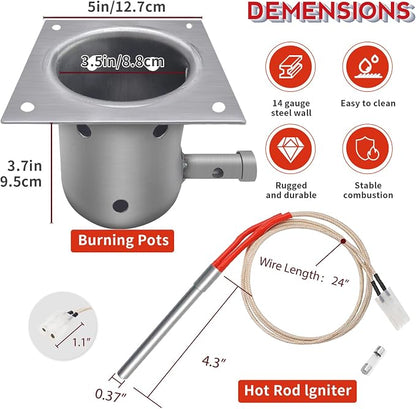 7-Hole Firepot & Hot Rod Igniter Kit Compatible with Traeger, Pit Boss, Camp Chef, Z Grills – Heavy Duty 14-Gauge Steel Burn Pot Assembly Replaces KIT0396 74254 (Includes Screws & Fuse)