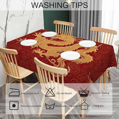 Dragon Decorative Tablecloth, Chinese Dragon Golden Red Kitchen Table Cover Oblong 52"X70" Tablecloths Dining Table Cloth Decor for Buffet Parties Patio and Camping