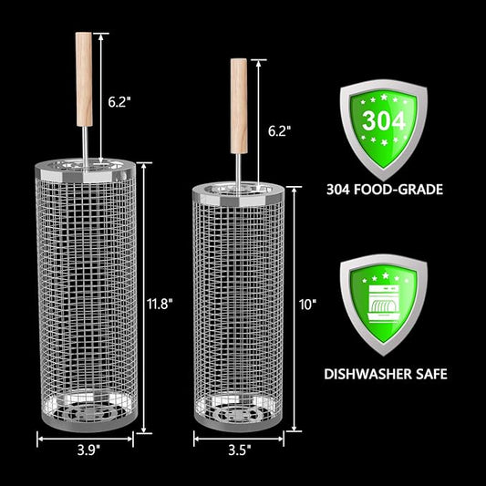 Rolling Grill Basket 2-Pack, Premium 304 Stainless Steel, Removable Wooden Handles, Upgrade Rolling Grill Baskets for Outdoor Grill, BBQ Grill Accessories for Outdoor Grill, Outdoor Gifts for men