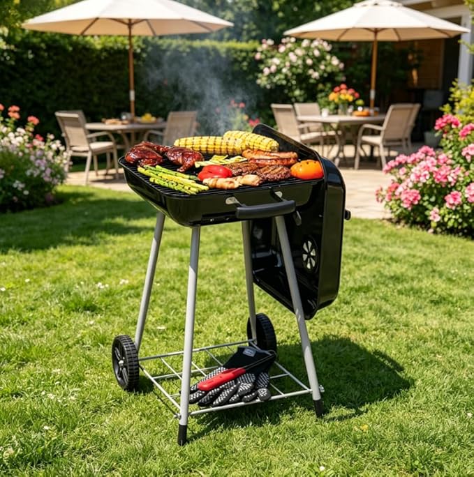 17.5 Inch Round Charcoal Grill, Outdoor Portable Barbecue Grill with Rolling Wheels & Adjustable Air Dampers, Ideal for Backyard, Camping, Patio, Garden and Outdoor Cooking