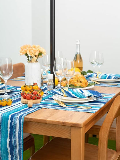 YiHomer Indoor Outdoor Tabletop for Spring Summer Decorations, Picnics and Dinner Parties - Stain and Water Resistant, Crayon Art (Ocean), Zipper Table Runner, 14 x 108 with Umbrella Hole