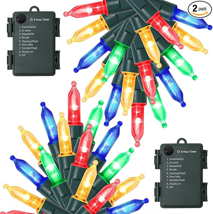 WATERGLIDE 2 Pack 50 LED Outdoor Christmas Lights, 16FT Battery Operated Mini String Lights with 8 Modes & Timer, Xmas Tree Lights Waterproof for Patio Garden Party Wedding Holiday Decor, Multicolor