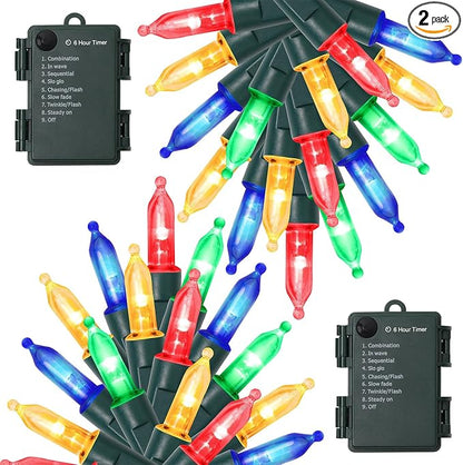 WATERGLIDE 2 Pack 50 LED Outdoor Christmas Lights, 16FT Battery Operated Mini String Lights with 8 Modes & Timer, Xmas Tree Lights Waterproof for Patio Garden Party Wedding Holiday Decor, Multicolor