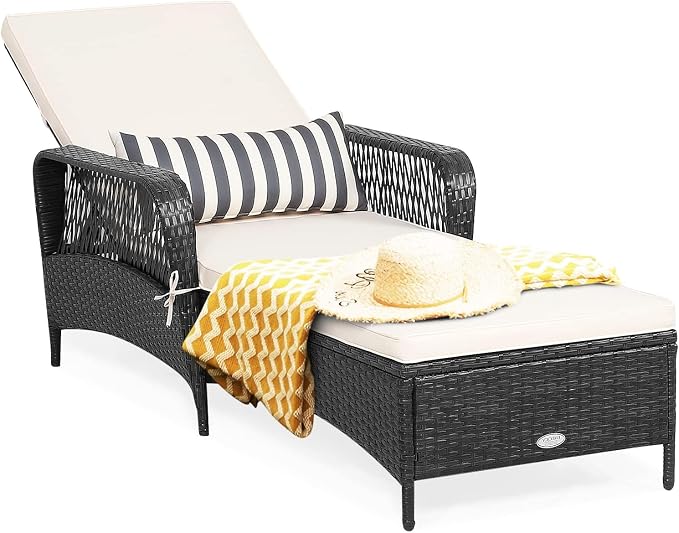 HAPPYGRILL Patio Chaise Lounge Chair Outdoor Rattan Wicker Recliner with Thick Cushion, Lumbar Pillow, Adjustable Backrest for Garden Porch Lawn Poolside
