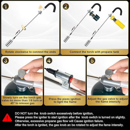 GasBRUH Propane Torch Weed Burner, 35" Long Arm Weed Torch Include a Weed Rake, Fire Starter, Charcoal Starter, Blow Torch with Flame Control and Igniter for Roof, Wood, Ice, Snow (Tank not included)