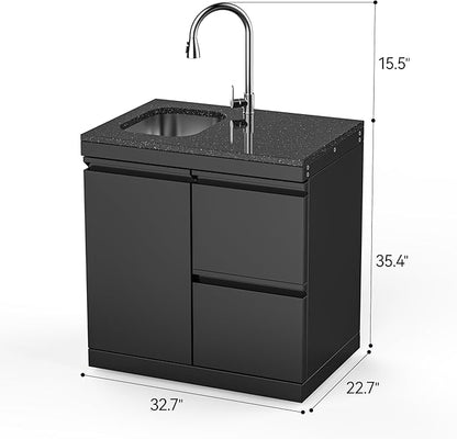 Black Stainless Steel Sink and Drawer Combo Cabinet, Black Galaxy Granite Countertop, Single Door with 2 Soft-Close Drawers, Hidden Handle, Pull-Down Faucet, Modular BBQ - Black