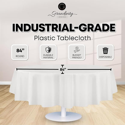 Grandipity Brand Round White Plastic 84" Disposable Tablecloth (12 Pack), Party & Event Decorative Cover