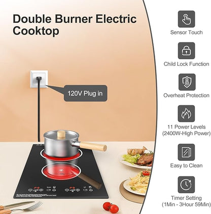 Electric Cooktop, Built-in and Countertop 2 burner Electric Burner for Cooking, 2400W 110V stove top,11 Power Settings, Timer and Child Safety Lock, LED touch control,Overheat Protection.
