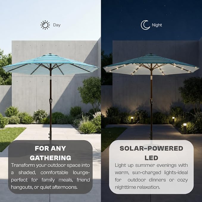 10FT Solar Lighted Patio Umbrella, Outdoor Table Market Umbrellas with Push Button Tilt and Crank, 32 LED Lights, 8 Sturdy Ribs, UV-Resistant for Deck, Garden, Pool