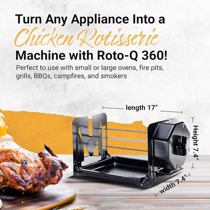 ROTO-Q 360 Cordless Universal Rotisserie Kit for Grills Ovens and Smokers - Non-Electric Wind-up Spit Roaster, Gas or Charcoal BBQ - Compatible with Kamado Joe Green Egg Kettle (Black) | Cordless wind-up rotisserie works with grills, ovens and smokers ...