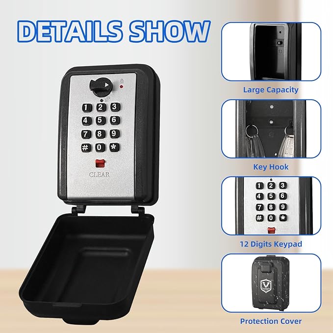 FortiVault Key Lock Box for Outside, 12 Digit Combination Lock Box for Keys with Code, Wall Mounted Weatherproof Key Lockbox, Large Capacity Secure Key Safe for Home, Realtor, Airbnb, Garage