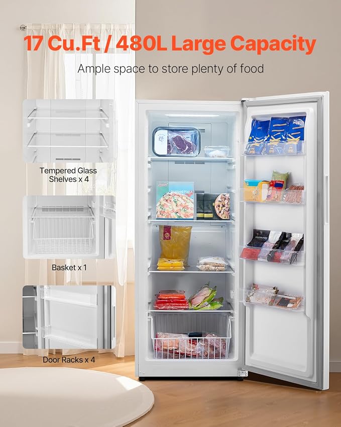 VEVOR Convertible Freezer/Refrigerator, 17 Cu.Ft Frost Free Upright Freezer with Temp Control Panel, Door Open too Long Alarm, Adjustable Shelves and LED, Standing Fridge for Kitchen, Office, Garage