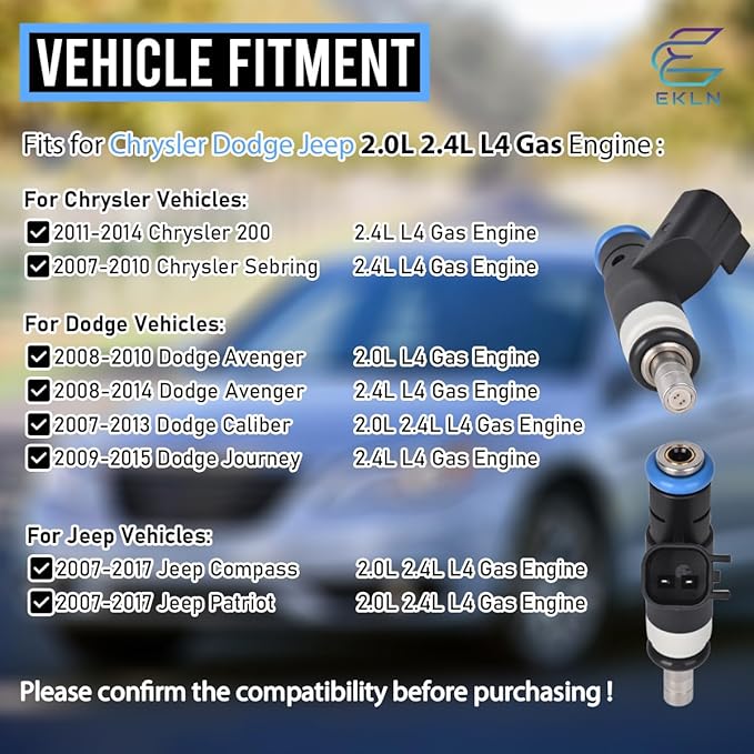 Set of 4 Fuel Injectors FJ1058 Fit for 2011-2014 Chrysler 200 Sebring Dodge Avenger Caliber Journey Je-ep Compass Patriot 2.0L 2.4L L4 Gas Engine 4 Hole Replaces OE# 04891577AC