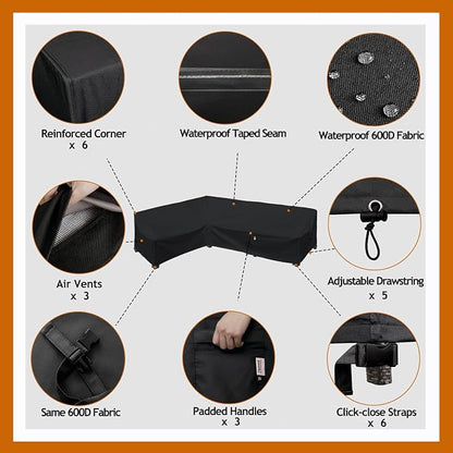 Heavy Duty Outdoor Sectional Sofa Cover, 83"X115" L Shaped Waterproof 600D Patio Sectional Couch Cover, Lawn Patio Furniture Cover (Midnight Black, L-Shaped-Left Facing-83 x115)