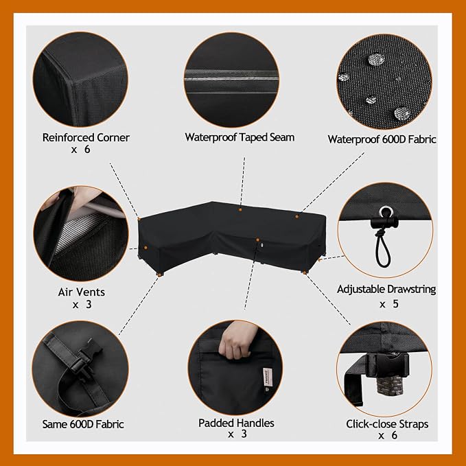 Heavy Duty Outdoor Sectional Sofa Cover, 90"X120" L Shaped Waterproof 600D Patio Furniture Covers, Lawn Patio Couch Protector (Midnight Black, L-Shaped-Left Facing-90 x120)
