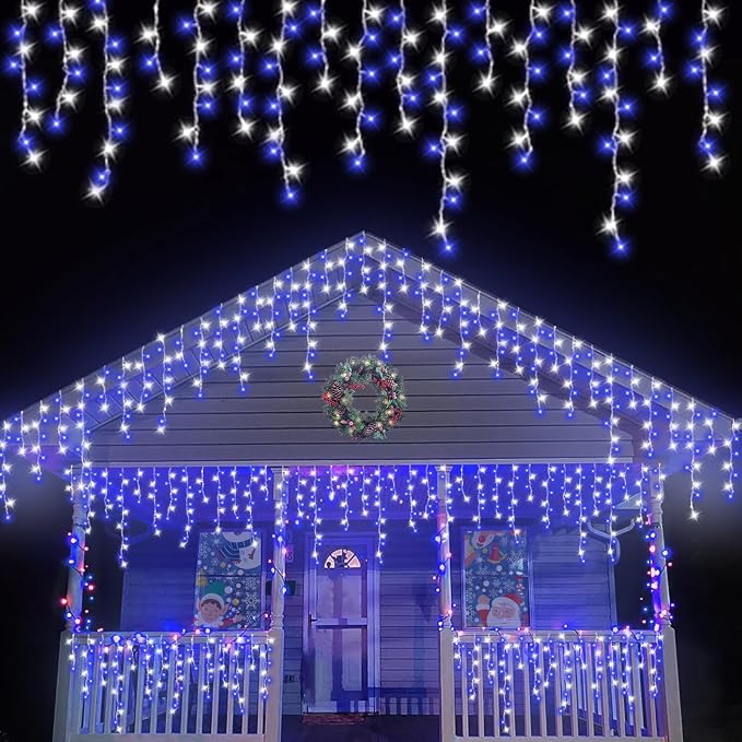 QITONG Blue and White Icicle Lights for Outside, 66ft 800 LED String Light Indoor Plug in, 8 Modes Connectable Icicle Christmas Light Clear Wire