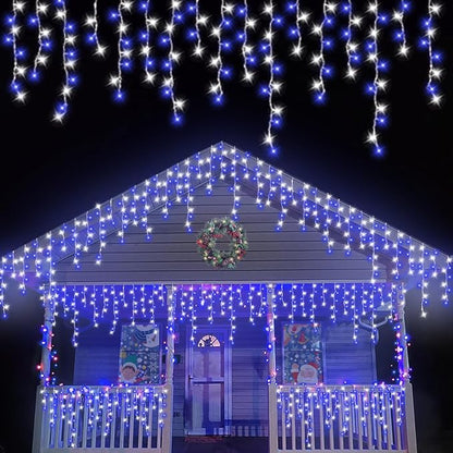 QITONG Blue and White Icicle Lights for Outside, 66ft 800 LED String Light Indoor Plug in, 8 Modes Connectable Icicle Christmas Light Clear Wire