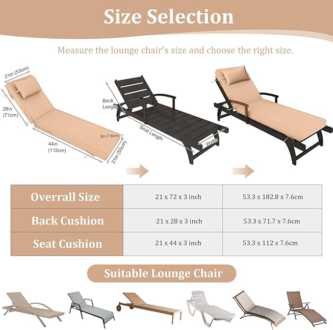 Chaise Lounge Cushions Outdoor Set of 2 Lounge Chair Cushion 72" L x 21" W with Headrest Straps 3'' Thick Waterproof Patio Chaise Cushions Pool Lounger Chair Cushion(Beige)