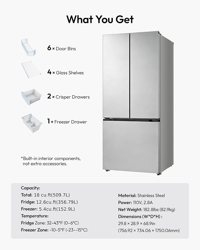 18 Cu.Ft French Door Refrigerator with Freezer Drawer – Frost Free, UL Certified, Side by Side Fridge with Door Ajar Alarm & 3 Smart Modes