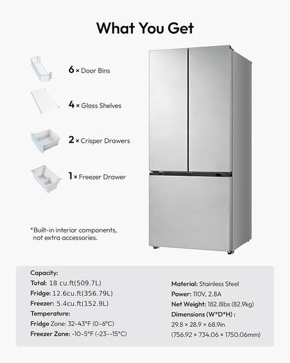 18 Cu.Ft French Door Refrigerator with Freezer Drawer – Frost Free, UL Certified, Side by Side Fridge with Door Ajar Alarm & 3 Smart Modes
