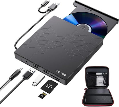 ORIGBELIE External CD DVD Drive 2 USB Port 2 TF/SD Card Slot &Carrying Case | USB C 3.0 CD DVD ROM Player Burner Reader Writer Rewriter Optical Disk Drive for Laptop PC Macbook OS Windows 11/10/8/7 Linux