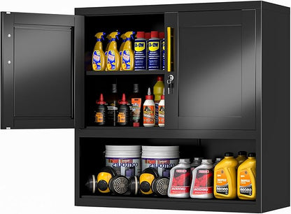 GAIOUS Metal Garage Wall Cabinet with Lock, Wall Mounted Steel Tool Cabinet with Door and Shelf, Medicine Cabinet with Open Area, Hanging Cabinet for Garage Warehouse Bathroom Kitchen, Black