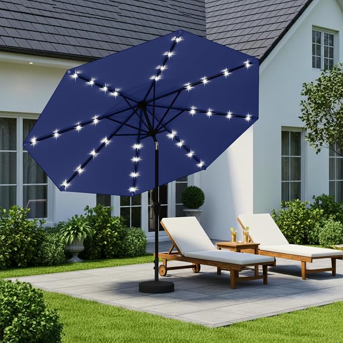 9' Solar LED Patio Umbrella with Tilt & Crank|8 Sturdy Ribs,UV Protection,Outdoor Market Table Umbrella for Deck,Lawn,Pool,Backyard(Navy)