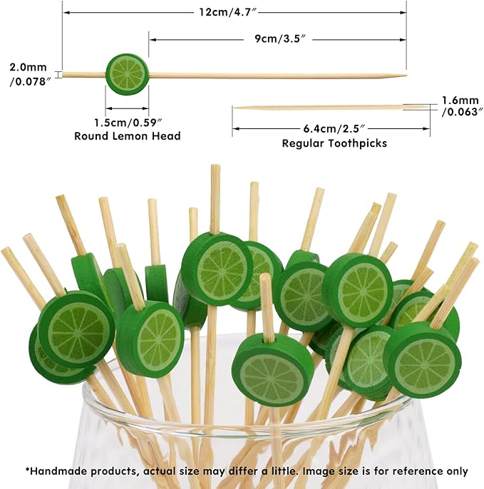 Minisland Green Lemon Cocktail Picks, 4.7 Inch Long Bamboo Fancy Toothpicks for Appetizers, Decorative Spring Summer Tropical Party Food Drinks Garnish Fruit Kabob Skewer Sticks 100 Counts - MSL421