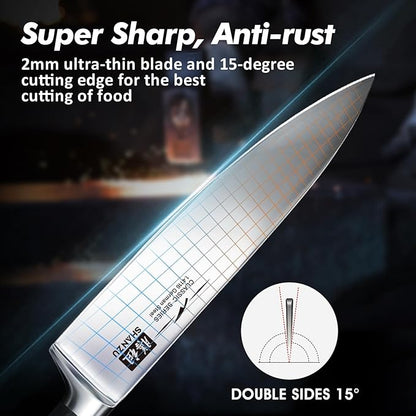 SHAN ZU Kitchen Knife Sets 3pcs, Professional German 5Cr15MoV Stainless Steel, High Carbon Steel Knives Sets, Ultra Sharp Ergonomic Wood Handle & Full Tang Design, Gift Box Included