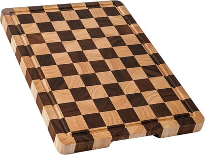 Cutting Boards for Kitchen, Checkered Wood Cutting Board | Walnut Chopping Board with Juice Grooves & Handles, Butcher Block Serving Tray with Gift Box 16" x 11" x 0.8"