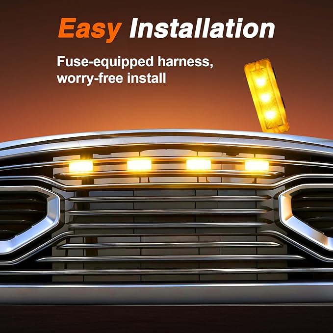 FUSCH 4-Pack LED Front Grille Lights with Harness Fit for Ram 1500 Limited Big Horn Tradesman Express Laramie Longhorn 2015-2019, Waterproof Exterior Grille Trim Lamp (White - Yellow Lens)