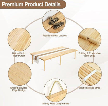 44x22 Low Floor Folding Picnic Table | Portable low table for 4-6, with adjustable height, mortise & tenon joints, and runner for beach picnics.