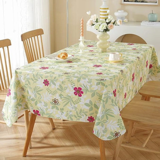 Summer Vinyl Tablecloth with Flannel Backing Rectangle 60 x 84 Inch | Spring Eucalyptus Leaves Waterproof & Anti-Slip Plastic Table Cloth, Thick Table Cover for Dining, Party, Picnic, Outdoor