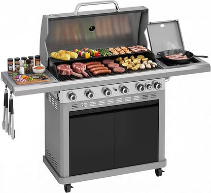 MFSTUDIO 6 Burner BBQ Propane Gas Grill with Side Burner & Porcelain-Enameled Cast Iron Grates, Grill Griddle Combo for Outdoor Barbecue, 740 SQ.IN. Large Cooking Area