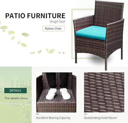 Greesum 3 Pieces Patio Furniture Sets Outdoor PE Rattan Wicker Chairs with Soft Cushion and Glass Coffee Table for Garden Backyard Porch Poolside, Brown and Blue