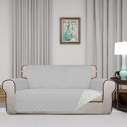 PureFit Reversible Quilted Couch Covers for Dogs Loveseat Sofa Cover 54" | Light Gray/Ivory, Water Resistant Couch Protector, Washable Pet Couch Cover with Non Slip and Elastic Straps For Kids