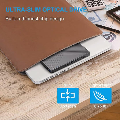 ORIGBELIE External CD DVD Drive 4 USB Port 2 TF/SD Card Slot &Carrying Case | Slim USB 3.0 CD DVD ROM Player Burner Reader Writer Rewriter Optical Disk Drive for Laptop PC Mac OS Windows 11/10/8/7 Linux