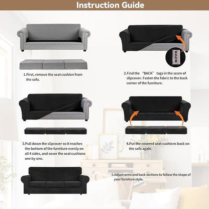 WEERRW 4 Pieces Couch Cover for Sofa Velvet Sofa Covers Washable, Black | Sofa Covers for 3 Cushion Couch Furniture Protector Sofa Slipcovers with Non Slip Elastic Bottom, Pet Friendly, Large