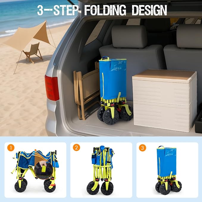 300lbs Extra Long 49" L Beach Wagon with Big Wheels with Brake for Sand, Collapsible Utility Beach Cart Heavy Duty Folding Wagon,Ideal for Outdoor Sand Camping Garden Pet