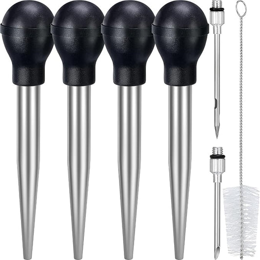 Uiifan 4 Pack Stainless Steel Turkey Baster for Cooking, Large Turkey Baster Metal Turkey Syringe Baster Set with 8 Marinade Injector Needles and 4 Cleaning Brushes for thanksgiving Turkey Utensils