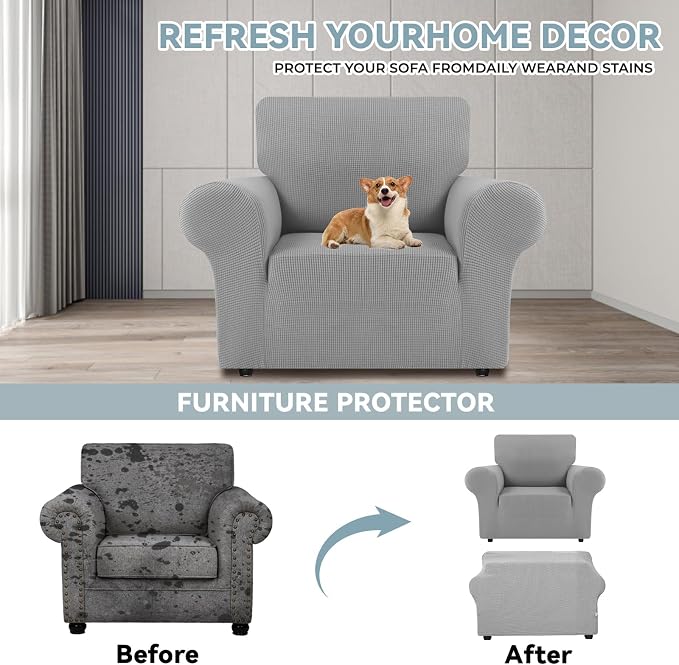 LURKA Stretch Chair Cover for Sofa, 1 Piece Armchair Slipcover, Sliver | Soft Stretch Jacquard, Fits 31"-55" Armchairs, Elastic Bottom for Secure Fit, Machine Washable, Pet & Kid Friendly