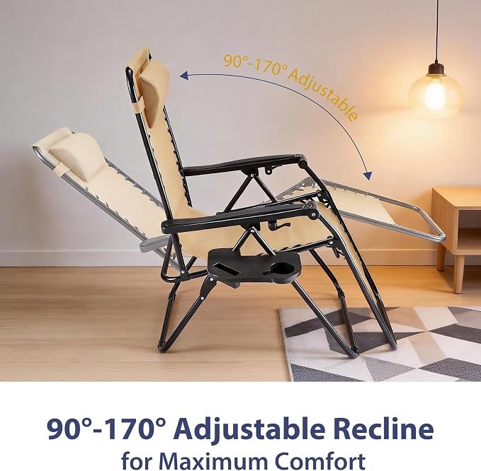 Sweetcrispy Zero Gravity Chairs, Set of 4 Portable Recliner Beach Camping Patio Outdoor Folding Lounge Chair with Cup Holder Trays and Adjustable Pillow for Poolside, Garden, Backyard, Lawn, Khaki