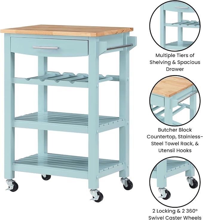 Convenience Concepts Ellaine Butcher Block Kitchen Cart 24.75" - 4 Tier Kitchen Island with Storage Drawer, Dining Room Wine Rack on Wheels, Coffee Station Table, Mobile Utility Trolley, Sea Foam