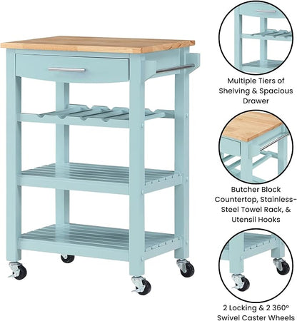 Convenience Concepts Ellaine Butcher Block Kitchen Cart 24.75" - 4 Tier Kitchen Island with Storage Drawer, Dining Room Wine Rack on Wheels, Coffee Station Table, Mobile Utility Trolley, Sea Foam
